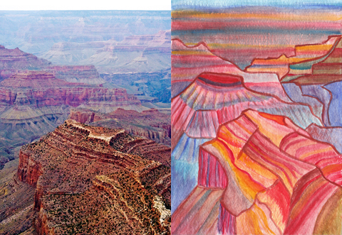 At left: I think this photo was taken from Grandview Point along the South Rim. I might be wrong, though. At right: A watercolor I began at 4 a.m. on April 18, based on the photo.