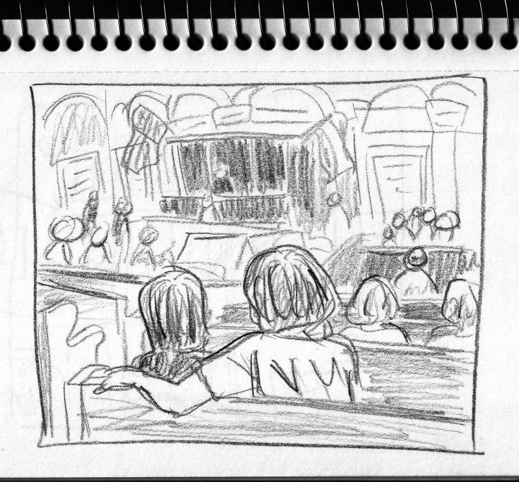 A sketched version of the photo. The jury box is at the right. Obviously, you can't tell here how out of focus the jurors were, so you'll have to take my word that they were completely unrecognizable.