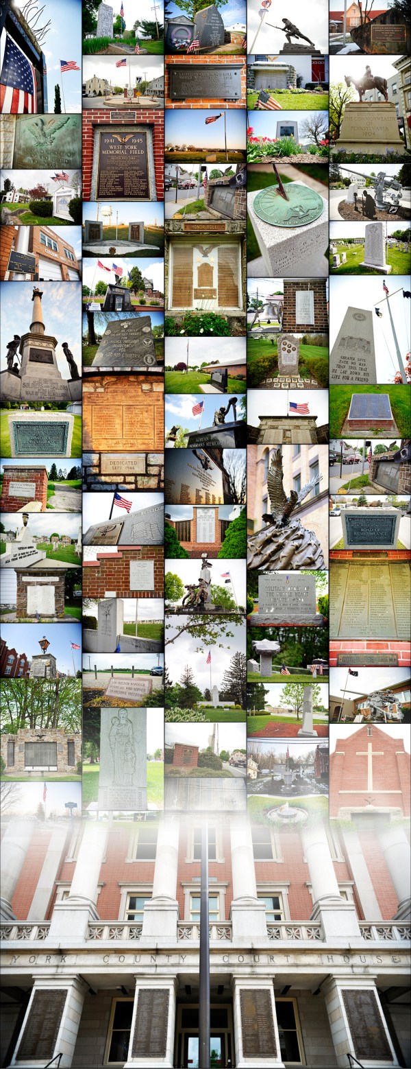 © 2013 by The York Daily Record/Sunday News. In a fit of OCD-induced restlessness during a relatively empty shift, I compiled all the pictures I made of York County veterans memorials into this poster-like image. The bottom image is of the various honor rolls that adorn the columns of the old York County courthouse.