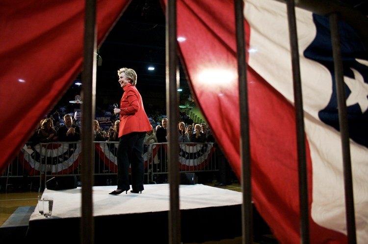 Sen. Hillary Clinton, D-N.Y., concludes her speech to more than 5,000 supporters on Jan. 19, 2008, in the McCluer North High School gym in Florissant, Mo. Clinton had just won the Nevada primary and was beginning her campaign in Missouri and the other Super Tuesday states.