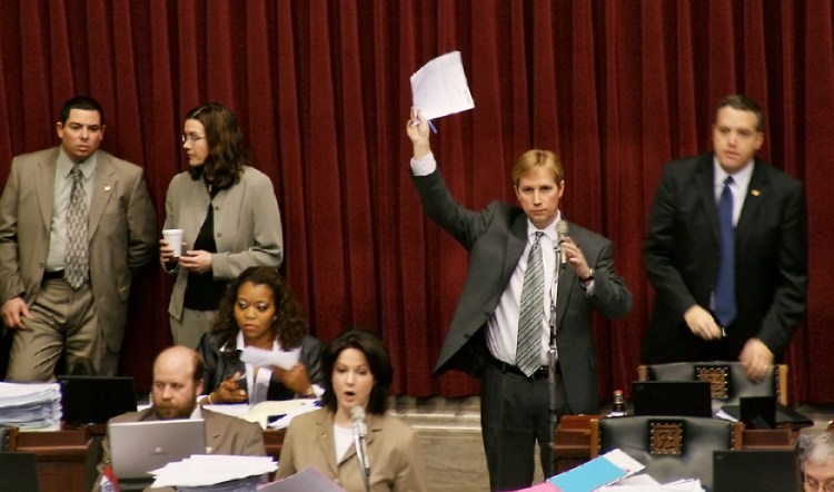 Then-Missouri House of Representatives Minority Floor Leader Jeff Harris, D-Columbia, waits to be recognized by House Speaker Rod Jetton during the House's morning session on April 17, 2007, in Jefferson City. Harris has since resigned from his position as Minority Floor Leader to concentrate on his campaign for Attorney General.
