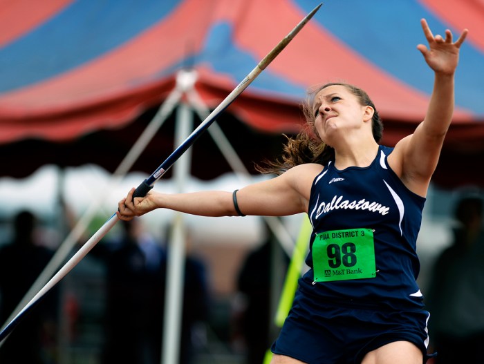Dallastown's Lillian Cook throws the javelin for 117 feet, 9 inches on the first day of the District 3 track and field championships on Friday, May 16, 2014, at Shippensburg University. Chris Dunn — Daily Record/Sunday News