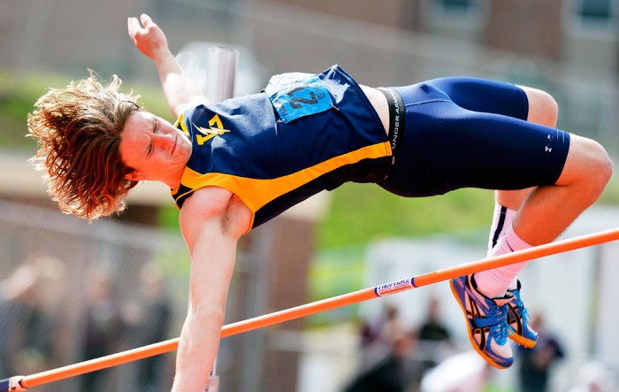 Littlestown's Lucas Reynolds fails to clear the high jump at 6 feet, 2 inches on the first day of the District 3 track and field championships on Friday, May 16, 2014, at Shippensburg University. Chris Dunn — Daily Record/Sunday News