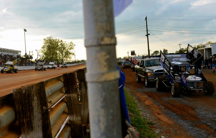 Drivers warm up their cars on the track as others get their cars pushed onto the track before the World of Outlaws and the Pennsylvania Posse raced at Williams Grove Speedway on Friday, May 16, 2014. The World of Outlaws raced their first night of the season at Williams Grove against the Pennsylvania Posse on Friday, May 16, 2014. Chris Dunn — Daily Record/Sunday News